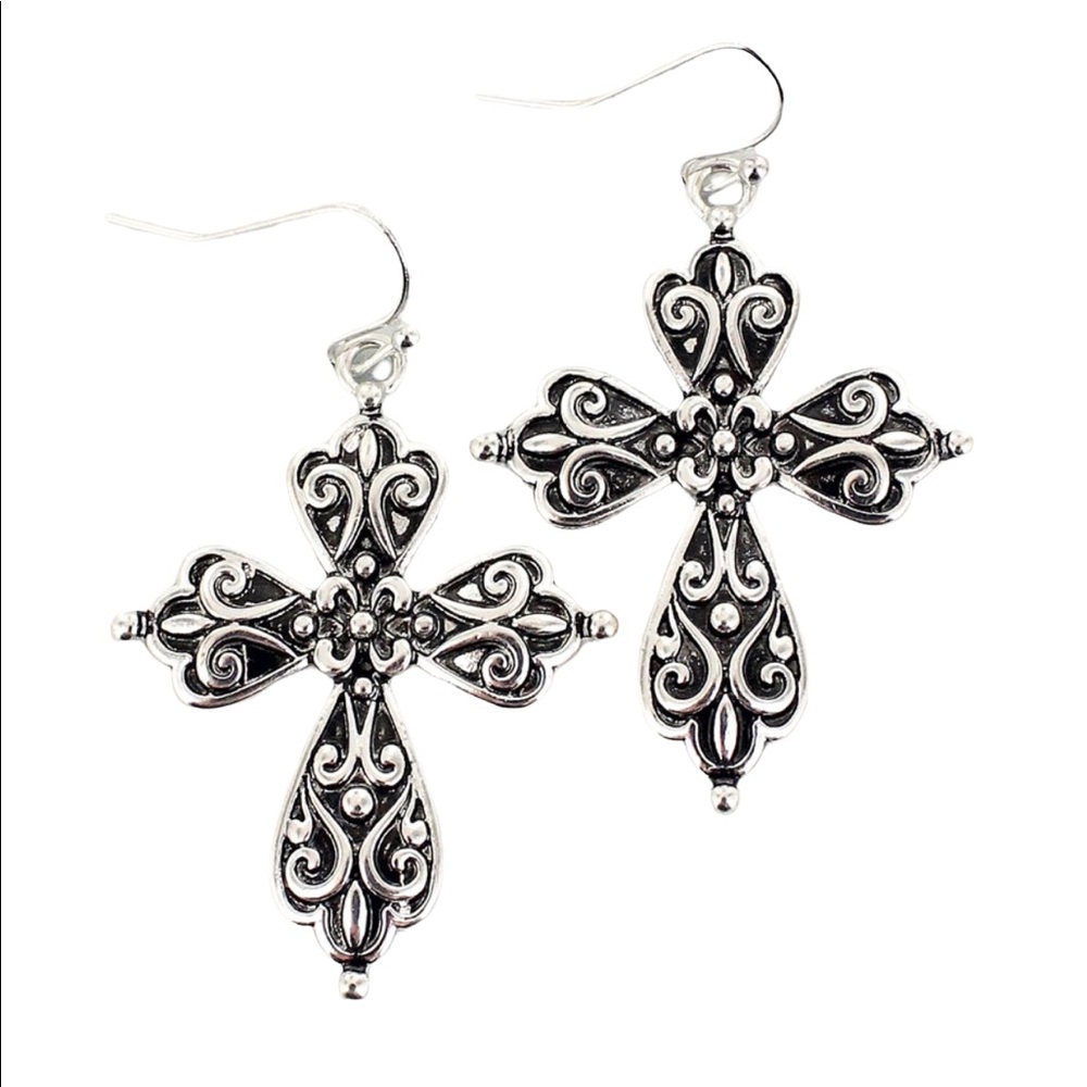Women’s Antique Silvertone scroll Cross earrings